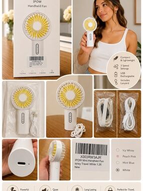 White & Yellow Mini Handheld Fan - Portable Rechargeable Cooling